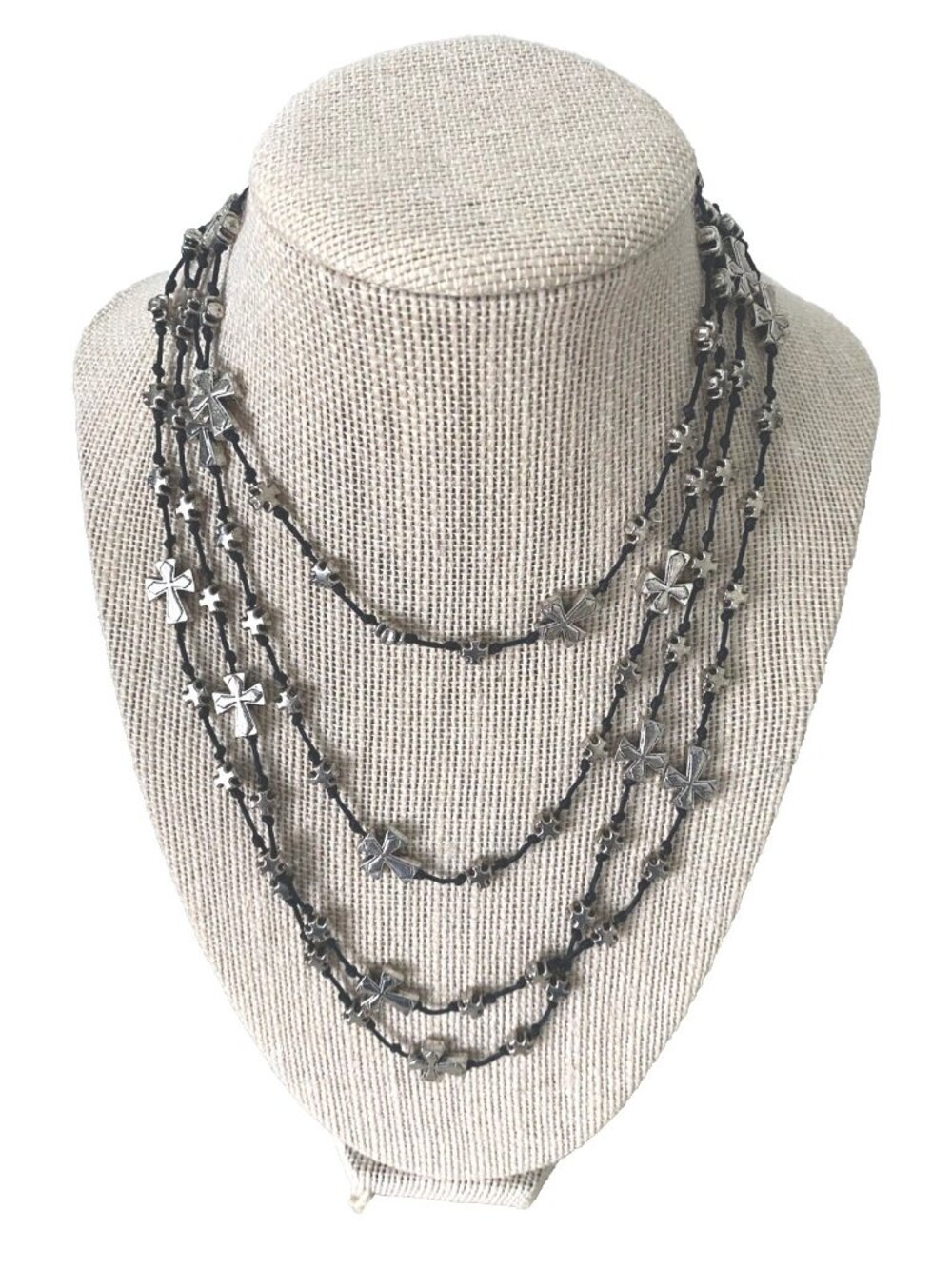 Cross Necklace Silver Black Long Handmade Jewelry Layering Necklace